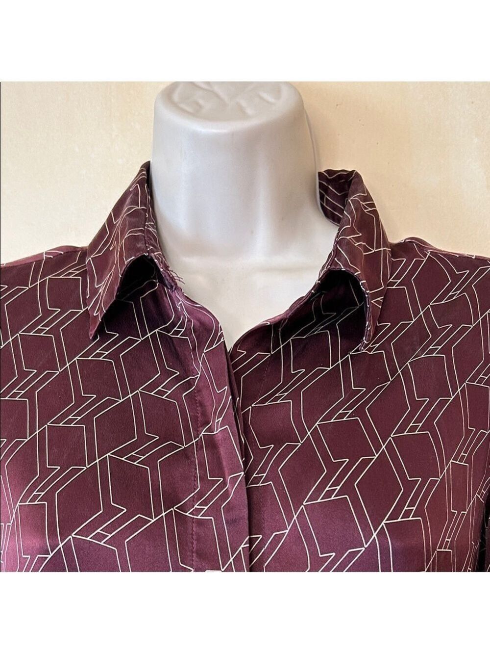 rag & bone Silk Burgundy Long Sleeve Dress with Geometric Pattern size 4 - Picture 2 of 14